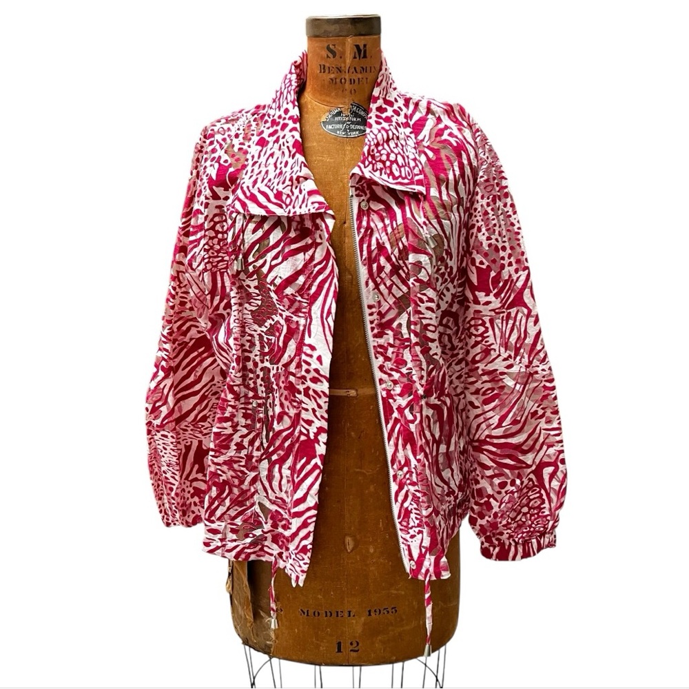 90's Traveller Chico's Bomber‎ Jacket Fuschia Pink Burnout Zebra Costal Grandma